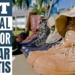 Image of different kind of military and security boots with hats on top of them and best tactical boots for plantar fasciitis written in blocks